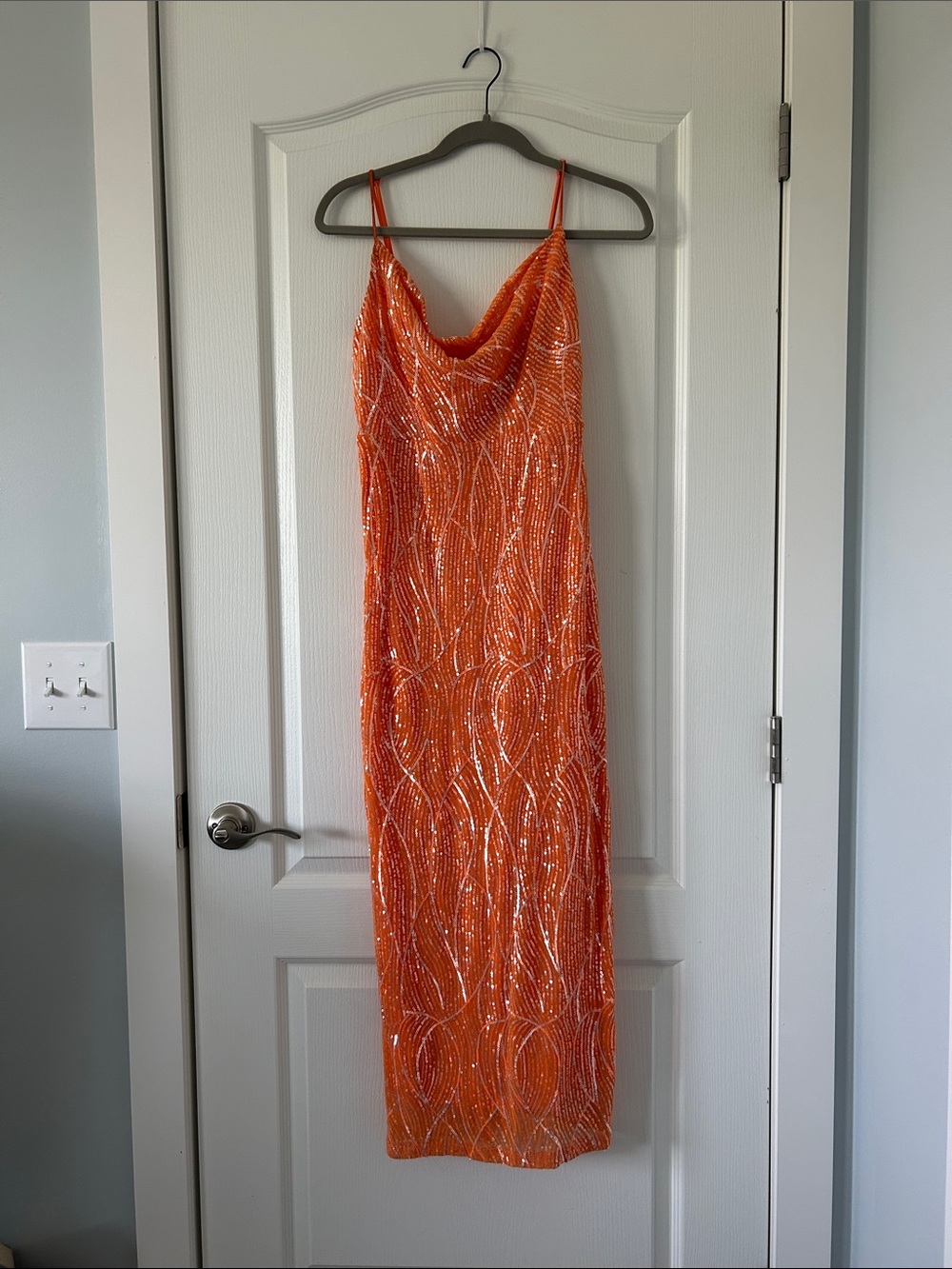 Orange Sequin Cowl Neck Slip Dress - Women's